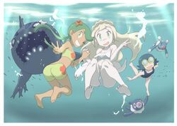  3girls :d ;) ass bare_arms bare_legs bikini blonde_hair blue_hair blush brionne full_body green_eyes green_hair grin hair_ornament hand_holding highres interlocked_fingers knees_up lillie_(pokemon) long_hair looking_at_viewer mallow_(pokemon) multiple_girls nomura_(buroriidesu) ocean one-piece_swimsuit one_eye_closed open_mouth pale_skin pokemon pokemon_(anime) pokemon_(creature) pokemon_sm_(anime) popplio smile soles staryu suiren_(pokemon) swimming swimsuit trial_captain twintails underwater v wishiwashi 