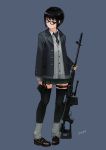  1girl absurdres black_hair dragunov_svd full_body glasses gun highres holding holding_weapon jacket karamas loafers original pigeon-toed rifle shoes simple_background sniper_rifle solo thigh-highs thigh_strap weapon 