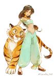  1girl aladdin_(disney) arabian_clothes black_hair brown_eyes dark_skin disney earrings harem_pants jasmine_(disney) jewelry long_hair low-tied_long_hair midriff navel pants rajah_(disney) smile tiger tsubaki_(teatime0) 