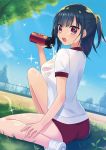  1girl ass bangs black_hair blue_sky bottle breasts buruma dutch_angle eyebrows_visible_through_hair grass gym_uniform hair_ornament hair_scrunchie holding holding_bottle kawachi_306 light_rays looking_at_viewer looking_back medium_breasts moe2017 open_mouth original outdoors ponytail pouring scrunchie see-through shirt shoes short_sleeves sitting sky sneakers solo sparkle sunlight sweat teeth thighs tree violet_eyes water_bottle white_shirt 