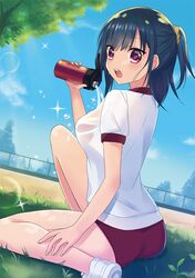  1girl ass bangs black_hair blue_sky bottle breasts buruma dutch_angle eyebrows_visible_through_hair grass gym_uniform hair_ornament hair_scrunchie holding holding_bottle kawachi_306 light_rays looking_at_viewer looking_back medium_breasts moe2017 open_mouth original outdoors ponytail pouring scrunchie see-through shirt shoes short_sleeves sitting sky sneakers solo sparkle sunlight sweat teeth thighs tree violet_eyes water_bottle white_shirt 