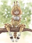  1girl absurdres animal_ears bare_shoulders blonde_hair blush bow bowtie elbow_gloves gloves haru_(renol) highres in_tree kemono_friends looking_at_viewer open_mouth serval_(kemono_friends) serval_ears serval_print serval_tail shoes short_hair sitting sitting_in_tree skirt sleeveless smile solo tail thigh-highs tree yellow_eyes 