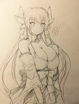  1girl bare_shoulders bow breasts cleavage detached_sleeves fate/grand_order fate_(series) graphite_(medium) highres horns kiyohime_(fate/grand_order) large_breasts long_hair monochrome naoyama_masaru sketch traditional_media 