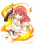  1girl 2017 bare_shoulders black_gloves celica_(fire_emblem) dress fingerless_gloves fire fire_emblem fire_emblem_echoes:_mou_hitori_no_eiyuuou gloves long_hair red_eyes redhead serious solo strapless strapless_dress sword tiara twitter_username upper_body weapon yukia_(firstaid0) 