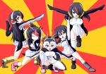  5girls bare_legs black_hair blonde_hair boots brown_eyes crotch dragon_ball dragonball_z emperor_penguin_(kemono_friends) gentoo_penguin_(kemono_friends) ginyu_force_pose hair_over_one_eye headphones heart highres hood hoodie humboldt_penguin_(kemono_friends) jacket kamishima_kanon kemono_friends leotard long_hair multicolored_hair multiple_girls one_eye_closed parody pink_hair pose red_eyes redhead rockhopper_penguin_(kemono_friends) royal_penguin_(kemono_friends) short_hair skirt standing standing_on_one_leg thigh-highs twintails two-tone_hair white_hair white_leotard 