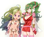  2girls belt black_gloves blush breasts cape chiki cleavage covered_navel erect_nipples fire_emblem fire_emblem:_kakusei fire_emblem_heroes garter_straps gloves green_eyes green_hair long_hair looking_at_viewer multiple_girls navel nowi_(fire_emblem) open_mouth pink_legwear pointy_ears ponytail red_gloves ryoji_(nomura_ryouji) simple_background smile teeth thigh-highs tiki violet_eyes white_background 