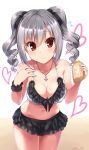  bikini breasts cleavage cross cross_necklace drill_hair eyebrows_visible_through_hair hair_ribbon heart highres idolmaster idolmaster_cinderella_girls jewelry kanzaki_ranko large_breasts midriff navel necklace paopao red_eyes ribbon silver_hair simple_background swimsuit twin_drills twintails twitter_username 