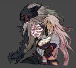  1boy 1girl armor balmung_(fate/apocrypha) blue_eyes breasts crossed_arms dark_skin fate/apocrypha fate/grand_order fate_(series) gauntlets genderswap genderswap_(mtf) horns long_hair mask mine_(odasol) navel saber_of_black simple_background thong white_hair 