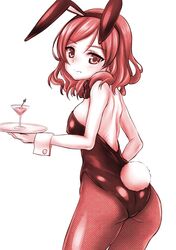  1girl animal_ears ass bangs bow bunny_tail bunnysuit closed_mouth cowboy_shot cup detached_collar drinking_glass embarrassed fake_animal_ears fake_tail from_behind holding leotard looking_at_viewer looking_back love_live! love_live!_school_idol_project monochrome nishikino_maki pantyhose rabbit_ears shiromitsu_suzaku short_hair solo standing strapless strapless_leotard tail tray wine_glass 