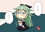  1girl artist_name black_legwear black_ribbon black_serafuku black_skirt blue_eyes blush chibi commentary_request detached_sleeves green_hair hair_ribbon highres kantai_collection long_hair open_mouth ribbon sailor_collar school_uniform serafuku sitting skirt solo speech_bubble taisa_(kari) thigh-highs translation_request wariza wide_sleeves yamakaze_(kantai_collection) 