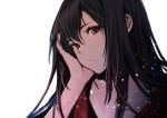 1girl bangs black_hair brown_eyes chin_rest closed_mouth collarbone from_side frown highres light_particles long_hair looking_at_viewer looking_to_the_side noraico original sidelocks solo upper_body white_background 