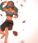  1boy alternate_costume anklet barefoot blonde_hair blue_eyes crossdressinging dancing detached_sleeves highres jewelry link looking_at_viewer midriff navel pointy_ears solo the_legend_of_zelda the_legend_of_zelda:_breath_of_the_wild tsuyonpu veil 