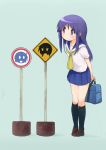  1girl bag duffel_bag highres hinata_yukari ichii_yui nonohara_yuzuko okayparium purple_hair school_uniform sign skirt tagme violet_eyes yuyushiki 