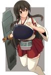  1girl akagi_(kantai_collection) blush breasts brown_eyes brown_hair flight_deck gloves hakama_skirt japanese_clothes kantai_collection large_breasts long_hair looking_at_viewer muneate naruse_mai nontraditional_miko partly_fingerless_gloves smile solo straight_hair tasuki thigh-highs 