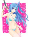  1girl bandage bikini blood blue_hair hair_between_eyes katana kazanari_tsubasa long_hair looking_at_viewer navel open_mouth sabu senki_zesshou_symphogear side_ponytail solo swimsuit sword thigh-highs thigh_gap violet_eyes weapon 