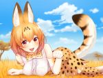  1girl animal_ears animal_print bangs blonde_hair blue_sky blush breast_pocket breasts brown_dress brown_gloves cat_ears cat_tail clouds cloudy_sky day dress elbow_gloves eyebrows_visible_through_hair frills gloves grass hair_between_eyes kemono_friends looking_at_viewer lying medium_breasts on_stomach open_mouth outdoors paw_pose pocket savannah serval_(kemono_friends) serval_ears serval_tail short_dress sky smile solo sukemyon tail teeth thigh-highs white_gloves yellow_eyes 