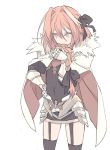  1boy black_bow blade_(galaxist) bow braid cape covered_navel covering_mouth cowboy_shot fate/apocrypha fate_(series) fur_cape fur_trim garter_straps gauntlets hair_bow hand_on_hip holding holding_hair male_focus multicolored_hair pink_hair rider_of_black simple_background single_braid solo streaked_hair thigh-highs trap white_background white_cape 