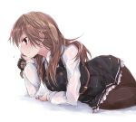  1girl arashio_(kantai_collection) arm_support belt belt_buckle blush brown_hair brown_legwear buckle chin_rest closed_mouth collared_shirt double-breasted dress frilled_dress frills holding kantai_collection long_hair long_sleeves lying on_side pantyhose pinafore_dress profile red_eyes remodel_(kantai_collection) searchlight shiny shiny_hair shirt simple_background smile solo white_background white_shirt wing_collar yumesato_makura 