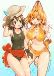  2017 2girls animal_ears artist_name bikini black_eyes black_gloves black_hair black_swimsuit blonde_hair cat_ears cat_tail competition_swimsuit dated gloves kaban kemono_friends multiple_girls navel one-piece_swimsuit safari_hat sarong serval_(kemono_friends) serval_ears serval_print serval_tail short_hair side-tie_bikini swimsuit tail torajimaneko wavy_hair 