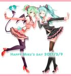  2girls 39 2017 agonasubi aqua_eyes aqua_hair belt black_bra blush boots bra butterfly_hair_ornament character_name dated demon_tail demon_wings elbow_gloves fingerless_gloves from_side full_body garter_straps gloves green_eyes green_hair hair_ornament hatsune_miku headphones heart heart_hands heart_hunter high_heels highres knee_boots lace lace-trimmed_thighhighs letterboxed long_hair looking_at_viewer multiple_girls one_eye_closed outstretched_arm project_diva project_diva_(series) simple_background skirt standing standing_on_one_leg sweet_devil_(vocaloid) tail thigh-highs twintails underwear vocaloid white_background wings 