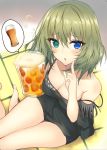  1girl alcohol bangs beer beer_mug black_shirt blue_eyes blue_shorts blush breasts brown_hair camisole cleavage commentary_request from_above green_eyes heterochromia holding idolmaster idolmaster_cinderella_girls kurifuto looking_at_viewer looking_up medium_breasts mole mole_under_eye no_legwear parted_lips pointing pointing_up shirt short_hair short_shorts shorts sitting solo strap_slip takagaki_kaede tatami thigh_gap 