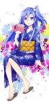  1girl blue_hair fan floral_print japanese_clothes kazanari_tsubasa kimono obi sabu sandals sash senki_zesshou_symphogear side_ponytail solo yukata 