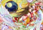  1girl 2017 arm_above_head armpits breasts brown_eyes brown_hair cherry_blossoms clouds dated detached_sleeves fan fan_dancing feathers floral_print flower folding_fan full_moon hair_flower hair_ornament japanese_clothes kimono large_breasts light_smile light_trail lips lipstick long_hair looking_at_viewer lotus makeup moon nail_polish night original pink_nails red_lipstick ryos-room-eden sideboob signature solo thigh-highs very_long_hair white_legwear window 