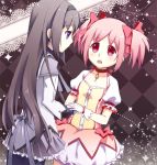  2girls akemi_homura black_hair blush checkered checkered_background kaname_madoka lace mahou_shoujo_madoka_magica multiple_girls open_mouth pantyhose pink_hair sabu short_twintails twintails violet_eyes 