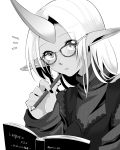  1girl black_nails book glasses greyscale horn league_of_legends looking_at_viewer monochrome nail_polish otani_(kota12ro08) pencil pointy_ears ribbed_sweater soraka sweater twitter_username upper_body white_hair 