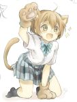  1girl :d all_fours animal_ears black_legwear blue_bow blue_bowtie bow bowtie brown_hair cat_day cat_ears cat_tail fang gloves green_eyes hair_between_eyes hand_up haru_hina hoshizora_rin love_live! love_live!_school_idol_project no_shoes open_mouth paw_gloves paws school_uniform short_hair short_sleeves signature skirt smile solo sparkle striped striped_bow striped_bowtie tail 