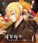  1boy a55114231 alternate_costume bird blonde_hair chicken eizen_(tales) fan flower happy_new_year highres japanese_clothes male_focus new_year ponytail portrait solo tales_of_(series) tales_of_berseria translated violet_eyes 
