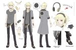  1boy androgynous asymmetrical_hair back beltskirt bishounen blonde_hair bracelet character_sheet choker collarbone concept_art cubi_(vocaloid) floating_clothes full_body grey_coat headphones headphones_around_neck headphones_removed headset heart jewelry long_coat long_hair loose_clothes pet red_eyes robot sartika_nurhasanah see-through sketch sparkle speaker spiked_bracelet spikes vocaloid yohioloid 