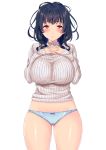  1girl absurdres arms_at_sides bangs black_hair blue_panties blush bow bow_panties breasts cowboy_shot eyebrows_visible_through_hair gluteal_fold hands_on_own_chest highres huge_breasts interlocked_fingers looking_at_viewer nanatsu_(pixiv1467365) original own_hands_together panties parted_lips red_eyes ribbed_sweater simple_background sleeves_past_wrists solo sweater thighs turtleneck turtleneck_sweater underwear white_background 