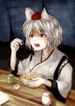  1girl animal_ears bowl chopsticks countertop cup curtains eating failure fangs hat highres inubashiri_momiji kagami_toufu kourindou_tengu_costume looking_to_the_side open_mouth pointy_ears red_eyes short_hair solo splashing tokin_hat touhou udon white_hair wolf_ears yunomi 