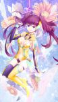  1girl :q bodysuit breasts cleavage commentary_request covered_navel flower_request headgear highres medium_breasts mismatched_legwear original purple_hair redhead sabu solo thigh-highs tongue tongue_out two_side_up violet_eyes 