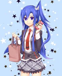  1girl bag blue_background cowboy_shot hair_between_eyes kazanari_tsubasa long_hair necktie sabu school_uniform senki_zesshou_symphogear side_ponytail smile solo star translation_request 