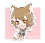  1girl :3 animal_ears boots border brown_hair brown_legwear character_name chibi collar commentary_request eyebrow_twitching eyebrows eyebrows_visible_through_hair fangs full_body fur-trimmed_boots fur_collar fur_trim gradient_hair italian_wolf_(kemono_friends) kemono_friends long_sleeves looking_at_viewer multicolored_hair necktie open_mouth orange_eyes outline outside_border pink_background plaid plaid_necktie plaid_skirt shadow short_hair skirt solo standing tail tatu_nw thigh-highs twitter_username white_border white_hair white_outline wolf_ears wolf_tail zettai_ryouiki 