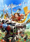  1girl alloy_(horizon) armor artist_request blue_sky bow_(weapon) braid brown_hair circlet flower grass green_eyes helmet highres horizon_zero_dawn japanese_armor kabuto lens_flare looking_at_viewer open_mouth riding robot sky smile weapon 