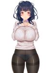  1girl absurdres arms_at_sides bangs black_hair black_legwear blue_panties blush bow bow_panties breasts cowboy_shot crotch_seam eyebrows_visible_through_hair gluteal_fold hands_on_own_chest highres huge_breasts interlocked_fingers looking_at_viewer nanatsu_(pixiv1467365) original own_hands_together panties panties_under_pantyhose pantyhose parted_lips red_eyes ribbed_sweater simple_background sleeves_past_wrists solo sweater thighband_pantyhose thighs turtleneck turtleneck_sweater underwear white_background 