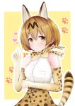  1girl animal_ears bare_shoulders blonde_hair blush bow bowtie breast_pocket cat_ears cat_tail commentary_request elbow_gloves gloves highres karu_(qqqtyann) kemono_friends looking_at_viewer paw_background pocket serval_(kemono_friends) serval_ears serval_tail shirt short_hair skirt sleeveless sleeveless_shirt solo tail upper_body white_shirt yellow_eyes 