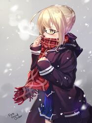  1girl blonde_hair blush breath copyright_name drawstring fate/grand_order fate_(series) glasses heroine_x heroine_x_(alter) highres renka_(renkas) saber scarf scarf_over_mouth semi-rimless_glasses sketch skirt snow solo under-rim_glasses yellow_eyes 