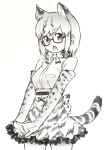  1girl animal_ears animal_print bare_shoulders bow bowtie cat_ears commentary_request elbow_gloves glasses gloves greyscale highres interlocked_fingers kemono_friends looking_at_viewer margay_(kemono_friends) margay_ears margay_tail monochrome open_mouth sleeveless sokushinbutsu solo tail 