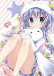  1girl absurdres angora_rabbit animal animal_hood bangs bare_legs barefoot blue_eyes blue_hair blue_skirt blush blush_stickers braid bunny_hood character_hood eyebrows_visible_through_hair frilled_skirt frills gochuumon_wa_usagi_desu_ka? hair_between_eyes hair_ornament hairclip highres holding holding_animal hood hoodie kafuu_chino knees_up korie_riko long_hair long_sleeves long_toenails looking_at_viewer no_panties open_clothes open_hoodie pajamas rabbit skirt soles tail tippy_(gochiusa) toenails toes twin_braids x_hair_ornament 