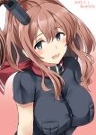  1girl 2017 artist_name black_dress blue_eyes breast_pocket brown_hair dated dress highres kamelie kantai_collection long_hair looking_at_viewer open_mouth pocket ponytail red_ascot remodel_(kantai_collection) saratoga_(kantai_collection) side_ponytail solo 