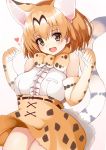  1girl :d animal_ears bare_shoulders blonde_hair blush bow bowtie breasts cat_ears cat_tail commentary_request elbow_gloves gloves hidaka0503 highres kemono_friends large_breasts looking_at_viewer open_mouth serval_(kemono_friends) serval_ears serval_tail shirt short_hair skirt sleeveless sleeveless_shirt smile solo tail white_shirt yellow_eyes 
