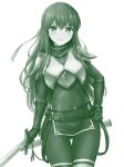  1girl armor belt breastplate dress elbow_gloves fire_emblem fire_emblem:_mystery_of_the_emblem fire_emblem_heroes gloves green highres holding holding_sword holding_weapon inanaki_shiki long_hair monochrome pantyhose paola scabbard sheath short_dress shoulder_pads simple_background smile solo sword weapon 