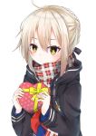  1girl ahoge bangs blonde_hair blush braid closed_mouth duffel_coat eyebrows_visible_through_hair fate/grand_order fate_(series) french_braid gift hair_between_eyes heart-shaped_box heroine_x heroine_x_(alter) holding holding_gift looking_at_viewer plaid plaid_scarf pursed_lips red_neckerchief red_scarf saber scarf school_uniform serafuku short_hair_with_long_locks sidelocks simple_background siroyuki solo upper_body valentine white_background yellow_eyes 