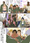  4girls 6+boys akihiro_altland amano_jaku_(kyabosean) arm_sling atra_mixta black_hair blonde_hair blue_eyes breasts brown_hair chad_chadan cleavage comic commentary dark_skin dark_skinned_male earrings eugene_sevenstark green_eyes gundam gundam_tekketsu_no_orphans heart heart_earrings highres hush_middy jacket jewelry kudelia_aina_bernstein lafter_frankland large_breasts long_hair merribit_stapleton mikazuki_augus multiple_boys multiple_girls nadi_yukinojou_kassapa norba_shino orga_itsuka short_hair short_shorts shorts thigh-highs translated twintails 