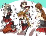  6+girls :d absurdres anchor anchor_symbol aquila_(kantai_collection) ascot bangs bare_shoulders blonde_hair blunt_bangs blush bow bowtie braid breasts brown_eyes brown_hair camera capelet commentary corset covering_eyes covering_face detached_sleeves dress french_braid frilled_sleeves frills full-face_blush glasses grey_hair hair_between_eyes hair_ornament hair_ribbon hat headdress highres kantai_collection kneeling large_breasts libeccio_(kantai_collection) littorio_(kantai_collection) long_hair long_sleeves lying mini_hat multiple_girls open_mouth pince-nez pleated_skirt pola_(kantai_collection) ponytail remodel_(kantai_collection) ribbon roma_(kantai_collection) sailor_dress saki_tsurugi shadow shirt short_hair simple_background skirt sleeveless sleeveless_shirt smile striped sweatdrop thigh-highs translated twintails wavy_hair white_legwear white_shirt zara_(kantai_collection) 
