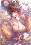  :d adjusting_glasses animal_ears arm_guards artist_name breasts brown_hair chang&#039;e_mei china_dress chinese_clothes collarbone dress earrings eyebrows_visible_through_hair eyelashes floating glasses hair_between_eyes hair_ornament hair_rings hairpin highres jewelry long_sleeves looking_at_viewer medium_breasts mei_(overwatch) moon open_mouth overwatch rabbit_ears red_lips robot sash shield simple_background smile snowball_(overwatch) upper_body watermark web_address white_background wide_sleeves xelalanana 